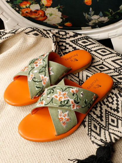 Aaranya green embellished criss-cross flats for women – front product view
