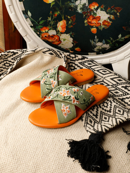 Aaranya green embellished criss-cross flats for women – top product view