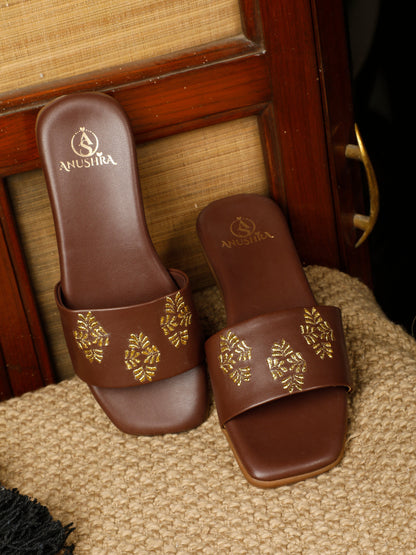 Zarafshaan red embellished ethnic flats for women – side product view