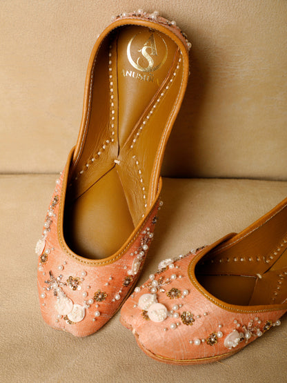 Rosy Pearl pink embellished jutti for women – top product view