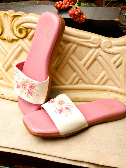 Blush red embellished ethnic flats for women – top product view